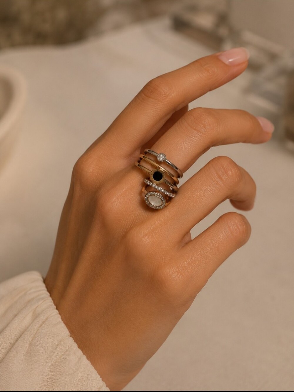 Stackable Silver and Gold Ring Set with Black and White Stones